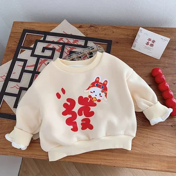 Рождественская толстовка для маленьких девочек Плюс бархатная плотная Теплая зимняя детская одежда, новогодние топы для мальчиков в китайском стиле