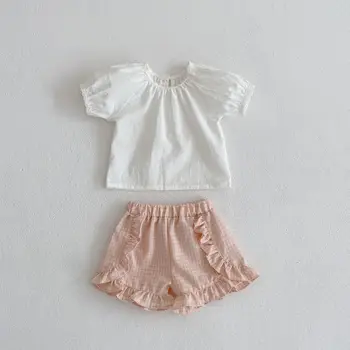 Летний топ HoneyCherry для младенцев и малышей с простым рукавом-фонариком на пуговицах + клетчатые шорты, комплект одежды для девочек из 2 предметов