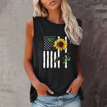 Seeyoushy Подсолнух, Американский Флаг, Новая Летняя винтажная модная футболка 90-х с круглым вырезом, женская Трендовая футболка без рукавов, Топы Harajuku