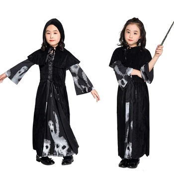 черное вечернее платье ведьмы для девочек, платье для косплея средневековой девы эпохи Возрождения, нарядная вечеринка вампиров, костюмы ведьм на Хэллоуин для детей