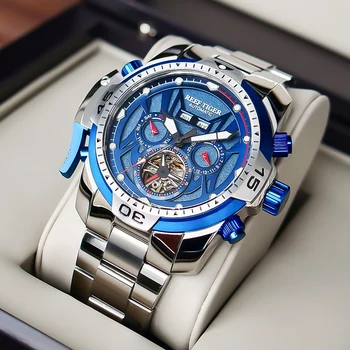 Мужские спортивные механические часы Reef Tiger / RT, Сложный синий циферблат с календарем на год, месяц, неделю, Часы на стальном браслете
