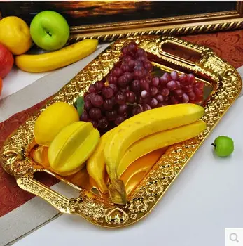 Металлический сервировочный поднос большого размера, лоток для хранения /серебряная/золотая фруктовая тарелка, украшение свадебного подноса 46см * 28см