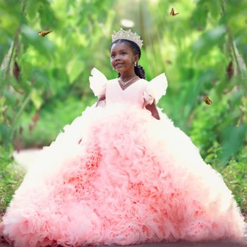 Роскошные розовые платья для девочек в цветочек на свадьбу, многоуровневые юбки с оборками, платье для фотосессии, платье для вечеринки в честь дня рождения принцессы, платье для выпускного вечера