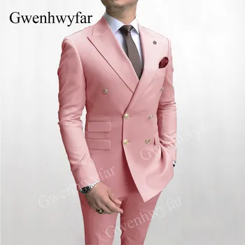 Гвенвифар Розовые мужские костюмы Двубортный блейзер Узкие брюки простого модного кроя Костюмы для свадебной вечеринки для женихов Нестандартного размера