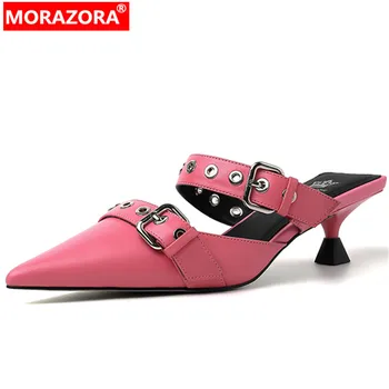 MORAZORA 2022 Новое поступление, женские тапочки из овчины с острым носком, тапочки на тонком среднем каблуке, женские летние модельные туфли