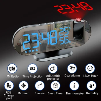 FM-радио, светодиодные цифровые проекционные будильники для спальни, проектор на 180 °, будильник, USB-зарядка, режим повтора, Настольные часы