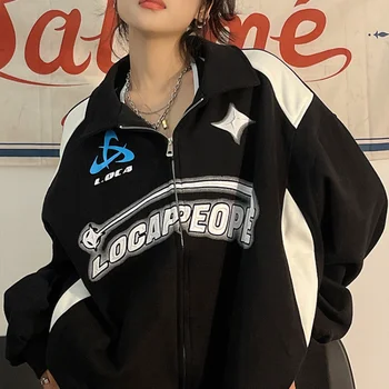 Женская куртка на молнии с буквенным принтом, Ретро Уличная куртка в стиле хип-хоп, Женская Супер Большая Корейская Повседневная трендовая куртка Y2K