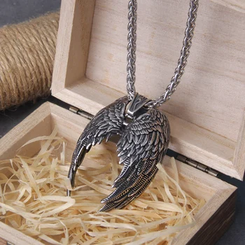 Классическое ожерелье с подвеской в виде крыльев Ангела для мужчин из нержавеющей стали, модные украшения с деревянной коробкой в подарок