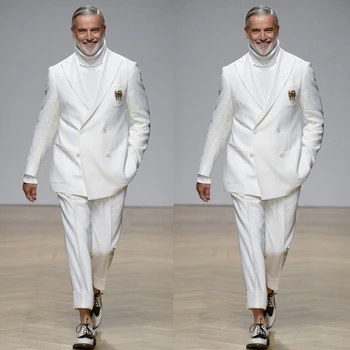 Белый мужской костюм, блейзер, брюки из 2 предметов, Двубортный, с острым лацканом, свободного покроя, Рабочий свадебный костюм жениха, сшитый на заказ, Homme