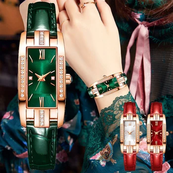 Дешевые ультратонкие зеленые Маленькие женские часы с роскошным бриллиантовым ремешком из искусственной кожи, прямоугольные кварцевые женские наручные часы, подарок для рук