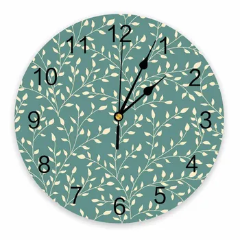 Листья растений Зеленые Декоративные Круглые Настенные Часы С Арабскими Цифрами Дизайн Не Тикающие Настенные Часы Большие Для Спален Ванной Комнаты