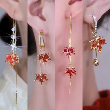 Корейские модные Серьги-кольца с красными кленовыми листьями для женщин, инкрустированные Красным цирконом, серьги-кольца с кленовыми листьями, Дизайнерские ювелирные подвески