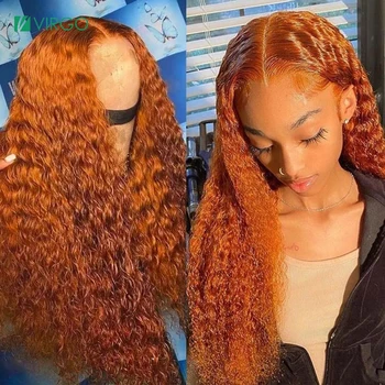 Virgo #88J Имбирно-Оранжевый Цвет Синтетические Волосы На Кружеве Человеческих Волос Парики Для Женщин Глубокая Вьющаяся Волна 13x4 Синтетические Волосы На Кружеве Парик 5x5 Синтетическое Закрытие Шнурка Волос Парик