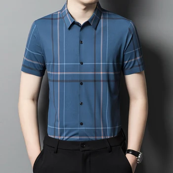 Бесшовная рубашка в полоску класса люкс в полоску с коротким рукавом против морщин, летняя качественная гладкая удобная мужская одежда Camisa Masculina