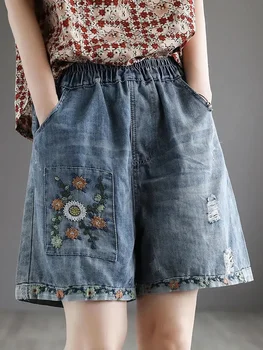Женские винтажные потертые джинсовые шорты с высокой талией и эластичной резинкой на талии с лоскутной вышивкой для больших размеров Свободные широкие шорты