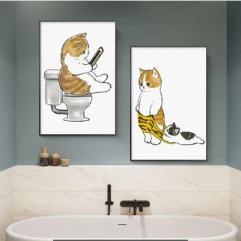 Декоративная роспись туалета Современная простая ванная комната Туалет кошка домашнее животное настенная роспись Холст Картина На Стене Художественная Картина Для Домашнего Декора