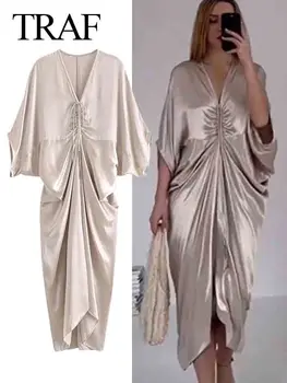 TRAF 2023, Летнее Женское Однотонное Атласное Сексуальное Вечернее платье с V-образным вырезом и длинными рукавами, Повседневное Элегантное Женское платье