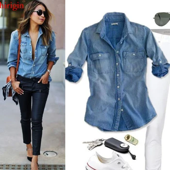 женские модные синие джинсовые рубашки, осенние повседневные топы с длинным рукавом и двумя карманами из хлопчатобумажной смеси, осенние повседневные топы с длинным рукавом и двумя карманами