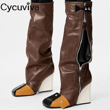Дизайнерские сапоги до колена на танкетке для женщин, современная обувь из натуральной кожи на высоком каблуке, осеннее лоскутное шитье 2023, Брендовые длинные сапоги