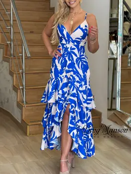 Платье на бретельках без рукавов 2023, летнее женское макси-платье для пляжного отдыха в стиле бохо, модное платье с принтом каскадного типа, Синее