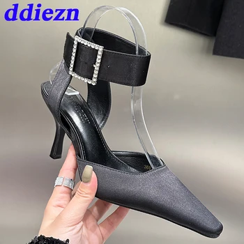 Модные шелковые женские туфли на высоком каблуке 2023, Дизайнерская роскошная обертка для лодыжек, стразы, женские туфли-лодочки, женские сандалии на каблуке