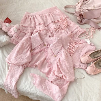 Розовые комплекты из 3 предметов, женский укороченный топ с пышными рукавами, короткие кардиганы, юбка с эластичной талией, милые наряды для милой девушки, кавайная одежда