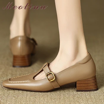 Meotina/ Женские туфли-лодочки на среднем каблуке из натуральной кожи с круглым носком и пряжкой, женская модная обувь, весна-осень, бежевый, абрикосовый, 42 г.