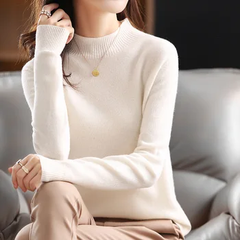 Женский свитер Осень-зима 2023, теплая приталенная нижняя рубашка с имитацией горловины, зеленый верблюжий Корейский модный трикотаж, пуловеры-джемперы
