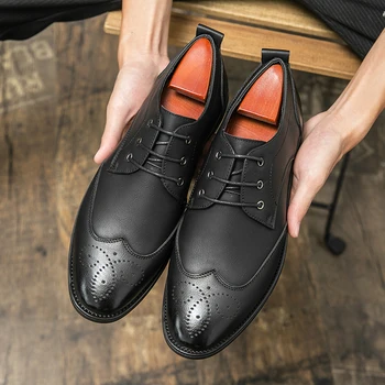 Роскошные итальянские мужские кожаные туфли-Оксфорды, Брендовая дизайнерская повседневная обувь, трендовая кожаная обувь с низким берцем, британские официальные туфли на плоской подошве.
