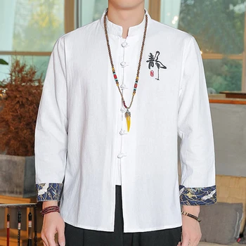 M-5XL Плюс Размер, Мужские винтажные рубашки с длинным рукавом, весенне-летняя уличная одежда, Льняная хлопковая китайская рубашка с пуговицами в виде лягушки, мужская 4XL