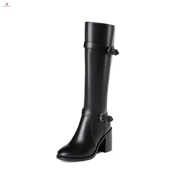 Первоначальное намерение, женские сапоги до колена из натуральной кожи, модные ботинки на квадратном каблуке с пряжкой, красивые черные женские туфли, размер США 3-13.