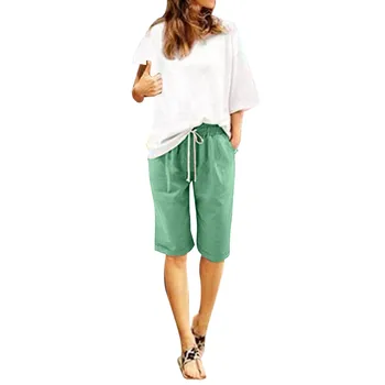 Женские летние хлопчатобумажные льняные шорты с высокой талией, карман для пляжной тренировки со шнуровкой, Пятиточечные брюки P5