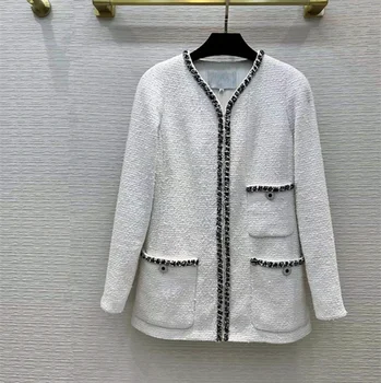 Европейская и американская женская одежда, весна 2022, новое белое пальто из тонкого твида с длинными рукавами и V-образным вырезом на пуговицах