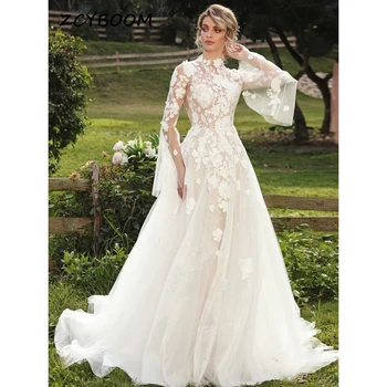 Элегантное свадебное платье с аппликацией с высоким воротом 2023, Трапециевидное платье длиной до пола, расклешенные рукава, тюлевое свадебное платье на молнии с открытой спиной