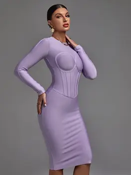 Красивое лавандово-фиолетовое платье с длинным рукавом, бандаж 2023 Для женщин, сексуальные девушки, Офисные леди, облегающее платье, эластичные облегающие платья XL