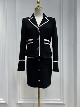 Новый весенний женский комплект из твида хитового цвета 2023 года с брошью, высококачественное пальто с длинным рукавом и юбками, дизайнерские официальные топы для подиума