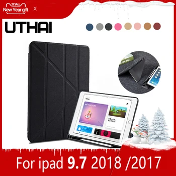 UTHAI E013 для iPad 9.7 Cover / 2018 9.7 Air 2 Air с Держателем Ручки, Тканевой Деформированной Подставкой, Плоской крышкой для автоматического режима сна / Пробуждения