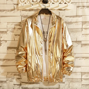 Мужские куртки-ветровки, костюм певца из ночного клуба, уличная одежда, куртка в стиле харадзюку в стиле хип-хоп, золотая, серебряная, Модная Осенняя мужская Однотонная
