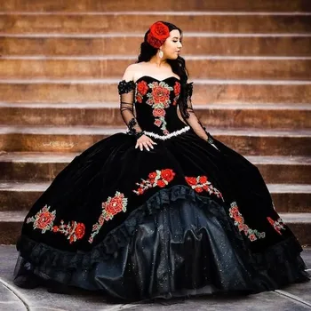 Черные платья Charro Quinceanera, бальное платье с аппликацией в виде сердечка, пышные Мексиканские сладости, 16 платьев, 15 Anos