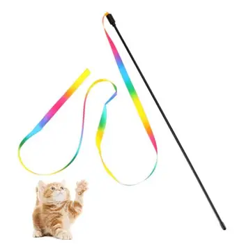 Интерактивная игрушка-дразнилка для кошек, Интерактивная удочка для кошек, игрушка для домашних животных, Двусторонняя палочка из радужной ленты, Забавная палочка для кошек из радужной ленты