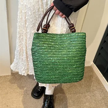 Модная соломенная женская сумка, богемная пляжная сумочка ручной работы, вязаная сумка через плечо, Летняя пляжная сумка с кисточками, Женская сумка-мешок