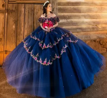 Элегантные темно-синие пышные платья с цветочной вышивкой с открытыми плечами Sweet 15 Нарядных платьев Vestidos de XV años