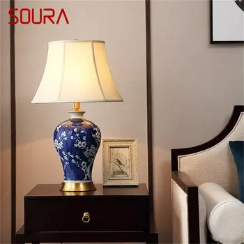 Латунные настольные лампы SOURA, синий керамический настольный светильник, Роскошная современная ткань, декоративная для дома, гостиной, столовой, спальни