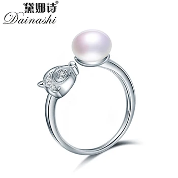 Dainashi 100% Натуральное кольцо из пресноводного культивированного жемчуга, модное кольцо с серебряной лисой и кристаллом циркона стерлингового серебра 925 пробы, подарок для вечеринки для женщин