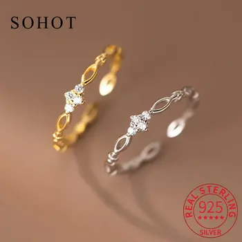 Регулируемое кольцо с геометрическим цирконом из настоящего серебра 925 пробы для очаровательных женщин, модные изысканные украшения, минималистичная бижутерия