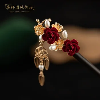 Простая классическая красная роза, кисточка для завивки, шпилька Hanfu, свадебное украшение для волос