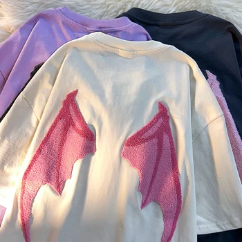YUQI Хлопковое полотенце Harajuku Demon Wing, футболка с вышивкой, женская летняя повседневная однотонная футболка Оверсайз, женские свободные топы с коротким рукавом