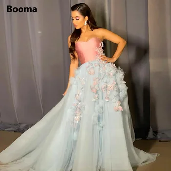 Платья для выпускного вечера Booma Arabic из нежно-голубого тюля трапециевидной формы, без бретелек, без рукавов, с 3D цветами, Розовый топ, макси, вечерние платья для вечеринок, Саудовская Аравия