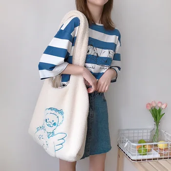 Женская сумка из ткани в виде ягненка, простая холщовая сумка-тоут, большая вместительная хозяйственная сумка с вышивкой, милые сумки-книжки для девочек