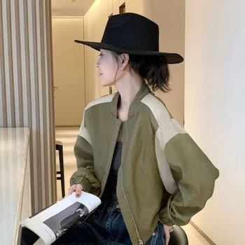 Корейская версия, тонкая повседневная куртка для женщин, Весна-осень 2023, Новое поступление, Модный зеленый короткий топ свободного кроя